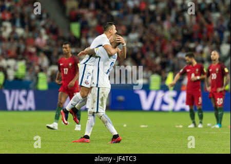 Kazan, Russia. 28th June, 2017. Chile national team celebrate victory after the FIFA Confederations Cup 2017 semifinal match against Portugal in Kazan, Russia, June 28, 2017. Credit: Evgeny Sinitsyn/Xinhua/Alamy Live News Stock Photo