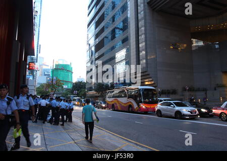 Heavy police presence on Harbour Road, Wanchai, guarding President Xi Jinping in the Convention and Exhibition Centre opposite the fire station Stock Photo