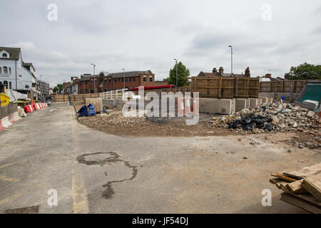 London, UK. 29th June, 2017. Remodelling work to remove the Walthamstow gyratory in Hoe Street so as to increase priority and reduce severance for pedestrians and cyclists whilst also improving bus reliability as part of the London Borough of Waltham Forest's Mini-Holland scheme and Enjoy Waltham Forest programme. Credit: Mark Kerrison/Alamy Live News Stock Photo