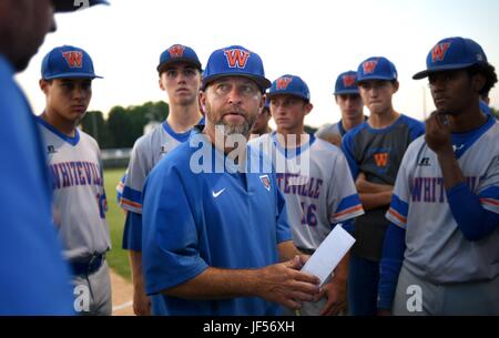 May 16, 2017 - Williamston, NC, USA - Whiteville head coach Brett Harwood speaks to the team before they begin their quest for the NCHSAA 1A State Championship in Williamston, N.C. Wednesday, May 16, 2017. (Credit Image: © Chuck Liddy/News Observer via ZUMA Wire) Stock Photo
