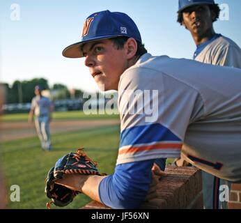 May 16, 2017 - Williamston, NC, USA - Mackenzie Gore waits to head out to first base against Riverside High School during the NCHSAA 1A play-off game in Williamston, N.C. Wednesday, May 16, 2017. (Credit Image: © Chuck Liddy/News Observer via ZUMA Wire) Stock Photo