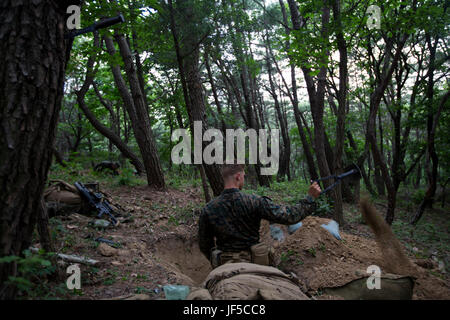 U.S. Marines and Sailors assigned to India Company, 3rd Battalion, 8th Marine Regiment, forward deployed to the 3rd Marine Division, as part of the forward Unit Deployed Program, dig two man fighting holes in a defensive position at Camp Mujuk, South Korea, May 30, 2017. Fighting holes are used to give Marines protection and the ability to provide fire while in a defensive position. (U.S. Marine Corps photo by Cpl. David A. Diggs) Stock Photo