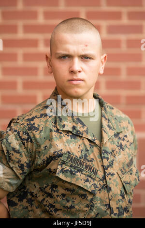 Pvt. Cody Parrnewman, Platoon 1033, Charlie Company, 1st Recruit Training Battalion, earned U.S. citizenship June 1, 2017, on Parris Island, S.C. Before earning citizenship, applicants must demonstrate knowledge of the English language and American government, show good moral character and take the Oath of Allegiance to the U.S. Constitution. Parrnewman, from Richmond, Va., originally from Canada, is scheduled to graduate June 2, 2017. (Photos by Lance Cpl. Joseph Jacob) Stock Photo