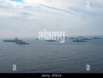 170601-N-GD109-200 SEA OF JAPAN (June 1, 2017) The Carl Vinson strike group, including USS Carl Vinson (CVN 70), Carrier Air Wing (CVW) 2, guided-missile cruiser USS Lake Champlain (CG 57) and guided-missile destroyers USS Wayne E. Meyer (DDG 108) and USS Michael Murphy (DDG 112), operates with the Ronald Reagan strike group including, USS Ronald Reagan (CVN 76), Carrier Air Wing (CVW) 5, guided-missile cruiser USS Shiloh (CG 67), guided-missile destroyers USS Barry (DDG 52), USS McCampbell (DDG 85), USS Fitzgerald (DDG 62), and USS Mustin (DDG 89) and the Japanese Ships (JS) Hyuga (DDH 181) a Stock Photo