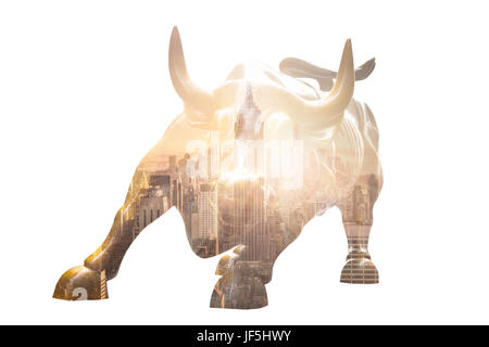 NEW YORK CITY - MAR 26: The landmark Charging Bull in Lower Manhattan represents aggressive financial optimism and prosperity March 26, 2015 in New Yo Stock Photo
