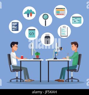 color background men worker in desk with computer and icons programming codes Stock Vector