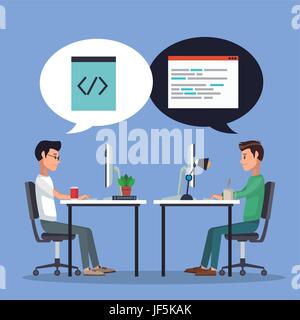 color background men worker in desk with computer and icons programming codes in dialog box Stock Vector