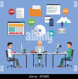 color background with web developer group men in desk programming language Stock Vector