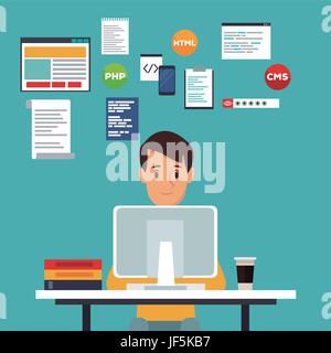 color scene background front view web developer man in desk programming language Stock Vector
