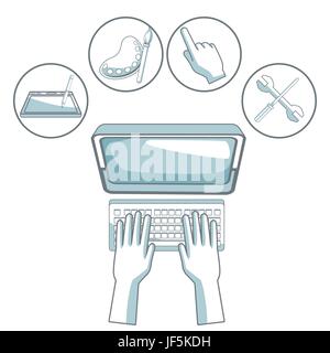 white background with silhouette color sections shading of human hands typing on desk computer with icons graphic design Stock Vector
