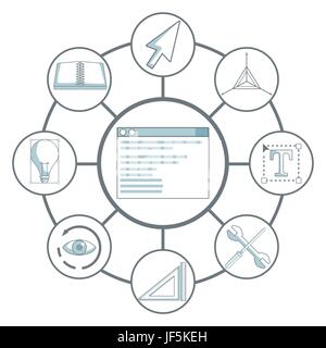 white background with silhouette color sections shading of window program in center with to icons graphic design in circular frame around Stock Vector