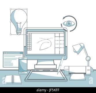 scene silhouette color sections shading of tech device computer and elements graphic design Stock Vector