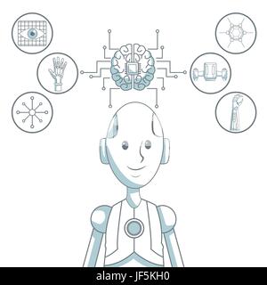 white background with silhouette color sections shading of closeup robot and set icons tech futuristic objects Stock Vector