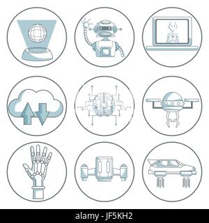 scene silhouette color sections shading of set collection icons tech futuristic objects Stock Vector