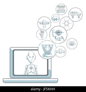 white background with silhouette color sections shading of laptop and set icons tech futuristic objects Stock Vector