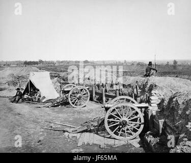 View from Confederate fort, east of Peachtree Street, looking east, Atlanta, Georgia. Fortifications with cannons, confederate lookout and soldiers in tent. CREATED/PUBLISHED:  [1864, printed later]  SUMMARY:  Fortifications with cannons, confederate lookout and soldiers in tent.  MEDIUM:  1 photographic print.  CREATED/PUBLISHED:  [1864, printed later]  CREATOR:  Barnard, George N., 1819-1902, photographer. Stock Photo