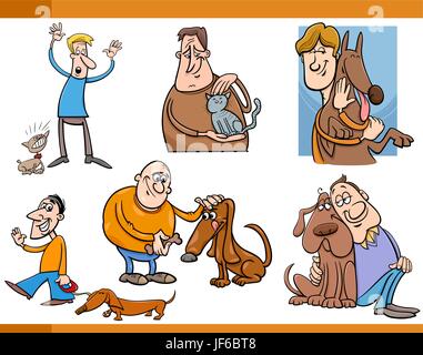 pet, dog, illustration, set, cartoon, owner, pussycat, cat, domestic cat, man, Stock Vector