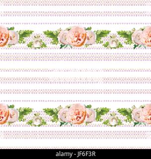 Vector floral summer seamless pattern design: bouquets of Pink white garden rose green herbs flowers seasonal plants fern greenery on polka dot backgr Stock Vector