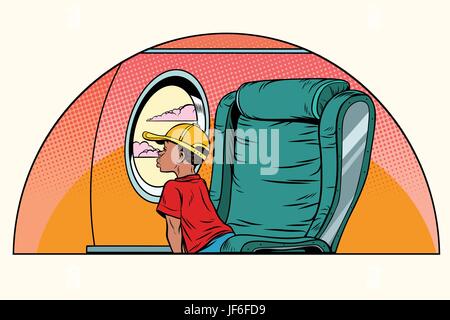 African boy passenger looks out the window on an airliner Stock Vector