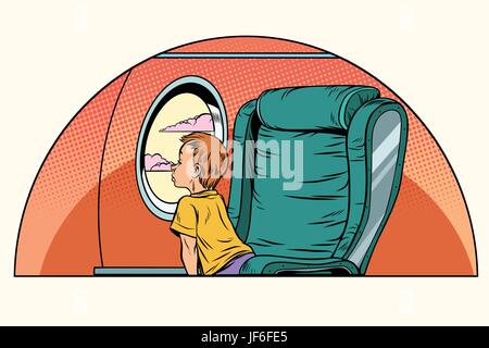 Caucasian boy passenger looks out the window on an airliner Stock Vector