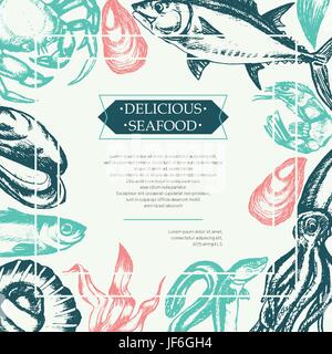 Delicious Seafood - color vector hand drawn vintage postcard template with copy space for your text. Realistic alga, seaweed, squid, crab, shrimp, mus Stock Vector