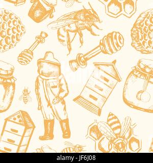 Bee Garden - yellow and white vector hand drawn seamless pattern. Realistic honey pot, jug, spoon, bee, flower, honeycomb, apiary, bee-garden, beekeep Stock Vector