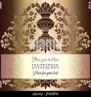 Victorian rich background with antique, luxury beige and gold vintage frame, ornamental banner, royal gold vase with floral lacy swirls, invitation card in baroque style, booklet with fashion pattern Stock Vector