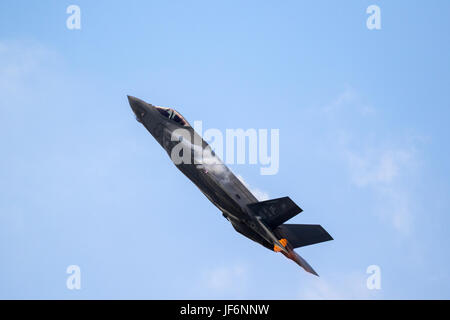 PARIS, FRANCE - JUN 23, 2017: US Air Force Lockheed Martin F-35 Lightning II flghter jet flying a demo on it's debut at the Paris Air Show 2017 Stock Photo