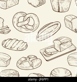 Seamless food sketch pattern. Hand drawn bread and bakery background, freehand engraving style, artistic seamless pattern Stock Vector