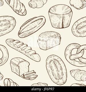 Seamless food sketch pattern. Hand drawn bread and bakery background, freehand engraving style, artistic seamless pattern Stock Vector