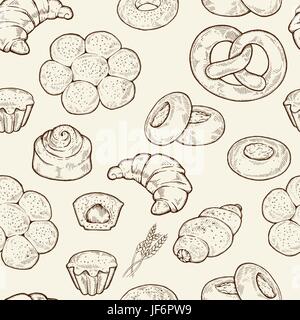 Seamless food sketch pattern. Hand drawn bread and bakery background, freehand engraving style, artistic seamless pattern Stock Vector