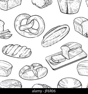 Seamless food sketch pattern. Hand drawn bread and bakery background, freehand engraving style, artistic seamless pattern Stock Vector