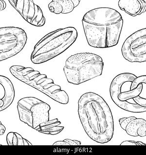 Seamless food sketch pattern. Hand drawn bread and bakery background, freehand engraving style, artistic seamless pattern Stock Vector