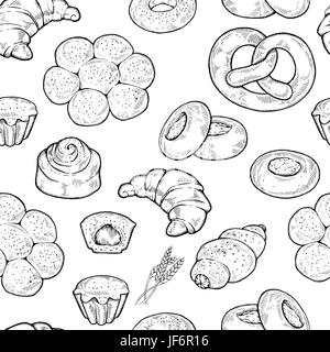 Seamless food sketch pattern. Hand drawn bread and bakery background, freehand engraving style, artistic seamless pattern Stock Vector