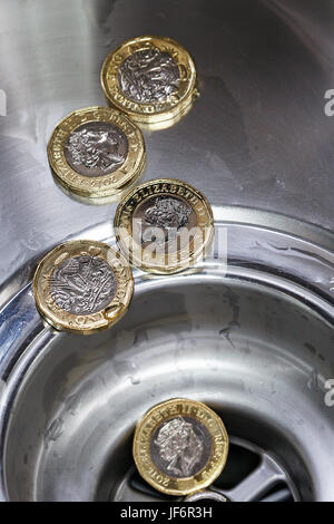 New One Pound Coin going down the Drain - 2017 Stock Photo