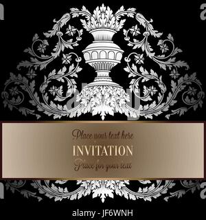 Victorian rich background with antique, luxury black and silver vintage frame, ornamental banner, royal gold vase with floral lacy swirls, invitation  Stock Vector
