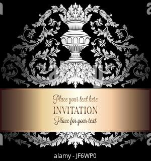 Victorian rich background with antique, luxury black and silver vintage frame, ornamental banner, royal gold vase with floral lacy swirls, invitation  Stock Vector