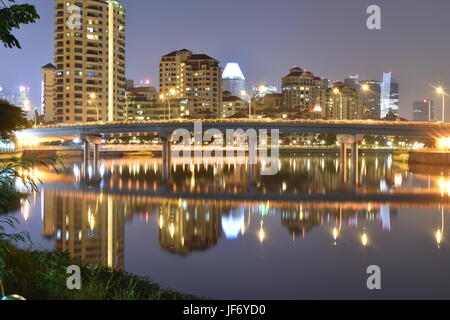 Night Lights; Bridging a River Stock Photo