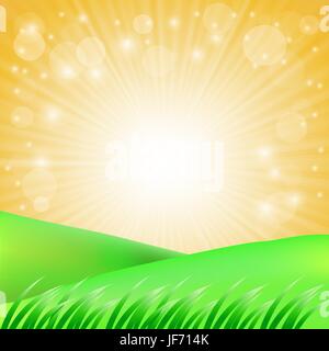 Summer Landscape. Green Grass Green Hills on Sun Background Stock Vector
