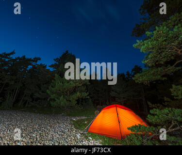Orange tent in the forest at night Stock Photo - Alamy