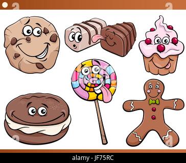 sweets, illustration, cookie, lollipop, collection, set, cartoon, laugh, Stock Vector