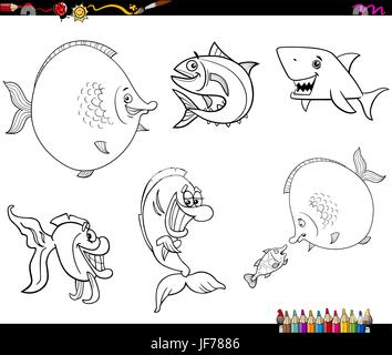 Black and White Cartoon Illustration of Fish Sea Life Animal Characters Set Coloring Book Stock Vector