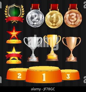 Vector Awards And Trophies Collection. Golden Badges And Labels. Championship Design. 1st, 2nd, 3rd Place. Golden, Silver, Bronze Achievement. Badge, Medal. Stock Vector