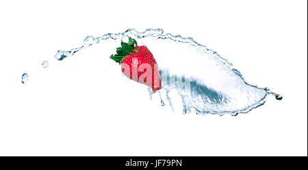 Red strawberry and flowing water on white background. Isolated with clipping path Stock Photo