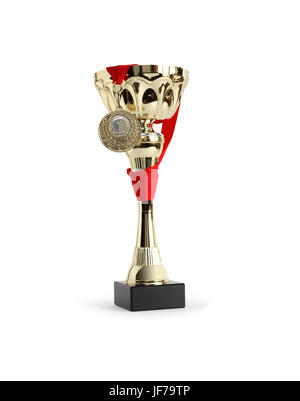 Award cup with gold medal on white background. Clipping path is included Stock Photo