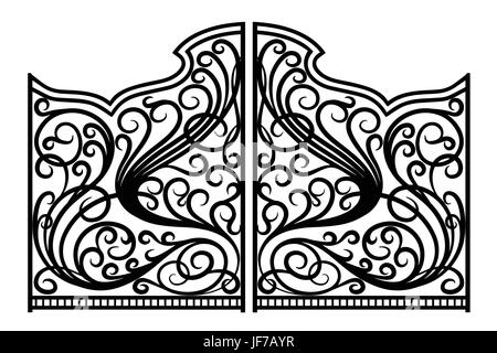 Iron gates with decorative elements. Vector monochrome pictures set ...