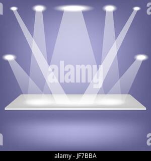 Empty Shelf Isolated on Blue Background. Spotlights Illuminated the Empty Shelf Stock Vector