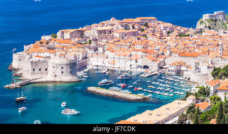 Croatia Dubrovnik Croatia Dalmatian coast view of Dubrovnik old Town and harbour with boats Dubrovnik Croatia Europe Stock Photo