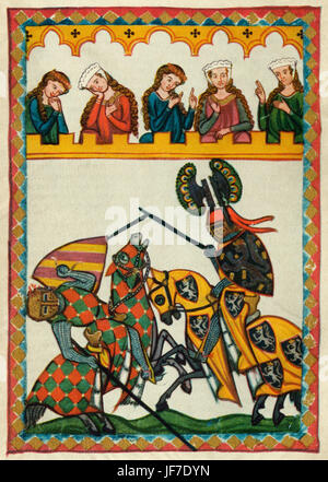Thurgau poet Walter von Klingen  (1240-1286), Knight of Rudolf I of Habsburg, defeats another knight in a tournament. Codex Manesse (ca.1300) by Rudiger Manesse and his son Johannes. Miniature. Folio 52r. University of  Heidelberg. Library. Stock Photo