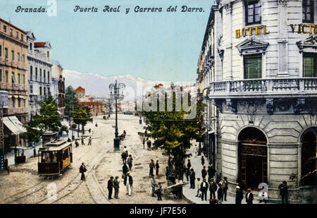 Granada - Street Scene at Puerta Real y Carrera del Darro - early 20thC.  Coonection with Manuel de Falla - Spanish composer, 1876-1946 Stock Photo